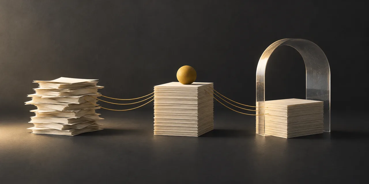 Abstract paper stacks joined by fine gold threads under a glass arch
